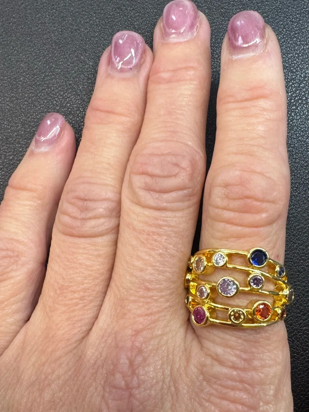 Gold Plated Multi-Row Ring with Blue, Pink, Purple, Orange & Clear Stones